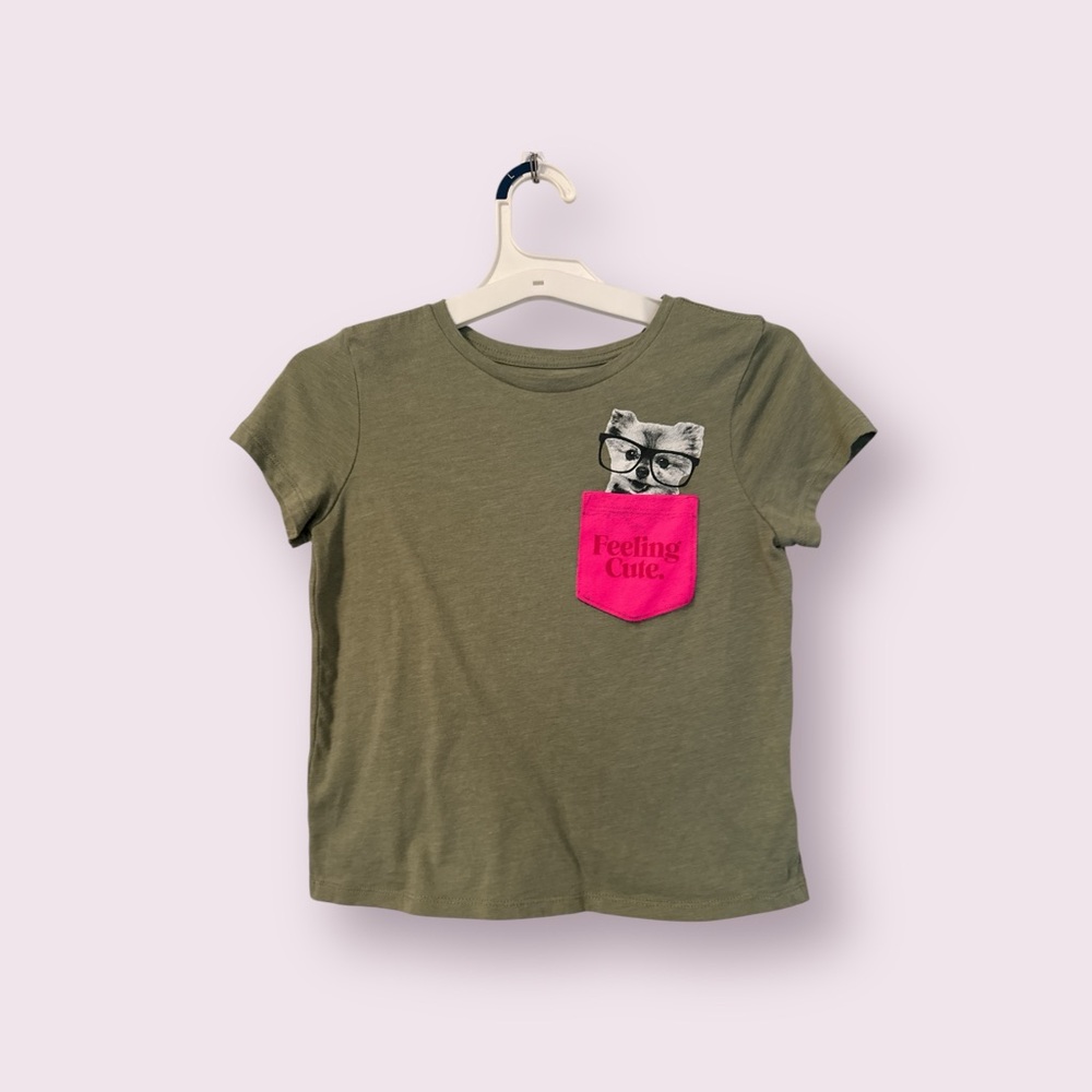 Kids Olive Green T-Shirt with Pink Pocket